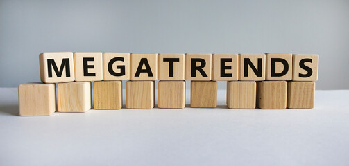 Megatrends symbol. The word megatrends on wooden cubes. Beautiful white background. Business and megatrends concept. Copy space.