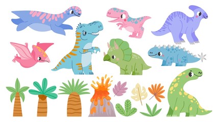 Set with little cute dinosaurs. Collection in cartoon style with funny dinos, trees and volcano on white background. Brontosaurus, velociraptor, triceratops, tyrannosaurus rex, pteranodon, parasaurolo