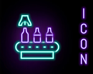 Glowing neon line Brewery factory production line pouring alcoholic drink in glass bottles icon isolated on black background. Colorful outline concept. Vector