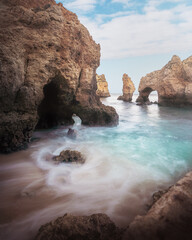 Ponta da Piedade Rock Formations and turquoise sea - Long Exposure shot - Lagos, Algarve, Portugal