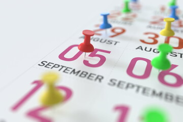 September 5 date and push pin on a calendar, 3D rendering