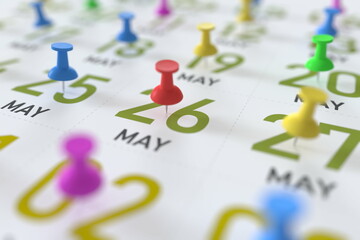 May 26 date and push pin on a calendar, 3D rendering