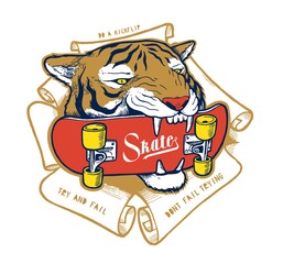 Tiger with skateboard in teeth vintage typography t-shirt print vector illustration. © Handdraw