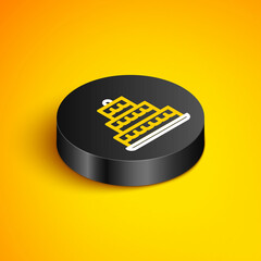 Isometric line Cake with burning candles icon isolated on yellow background. Happy Birthday. Black circle button. Vector
