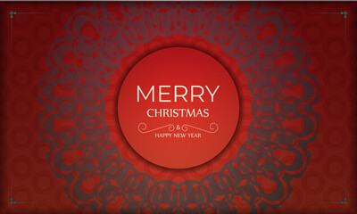 Postcard Template Merry Christmas and Happy New Year Red color with winter burgundy pattern