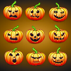 Beautiful seamless pattern with festive Halloween pumpkins. Jack orange lantern drawn with carved faces. For the design of a web banner, invitation, cover, packaging, gift. All Saints' Day. the icons