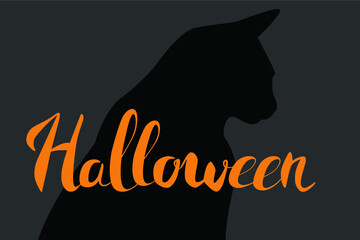 Halloween. Happy Halloween. Orange. Vector EPS 10. background for Halloween banner. Holiday, October. Calligraphy, lettering, inscription, title, table of contents, letters. Black cat