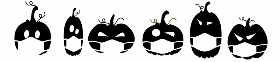 halloween pumpkin vector isolated in face mask. coronavirus quarantine. season greeting. black icon symbol sign white background october autumn.