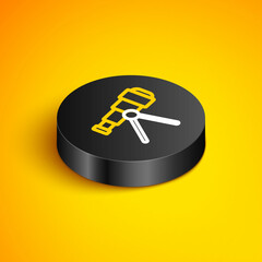 Isometric line Telescope icon isolated on yellow background. Scientific tool. Education and astronomy element, spyglass and study stars. Black circle button. Vector
