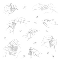 Collection. Silhouettes of a human hand that knits and sews with a needle and thread in a modern style in one line. Solid line, sketches, posters, stickers, logo. Set of vector illustrations.