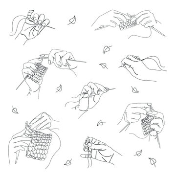 Collection. Silhouettes of a human hand that knits and sews with a needle and thread in a modern style in one line. Solid line, sketches, posters, stickers, logo. Set of vector illustrations.