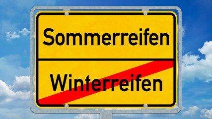 osg69 OrtsSchildGrafik osg - Reifen wechseln - Sommer Reifenwechsel - Ortsschild mit der Aufschrift: Winterreifen versus Sommerreifen - Winterende / Sommeranfang . 16zu9 g10761