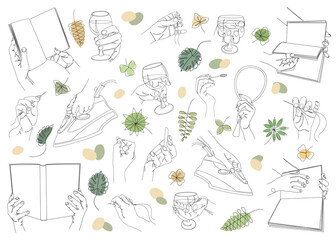 Collection. Silhouettes of a human hand that holds a book, iron, glass, lipstick, mirror, needle in a modern style in a solid line. Sketches, posters, stickers, logo. Set of vector illustrations.