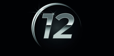 Chrome vector number 12. Logo for birthday, celebrations, dates with silver ring isolated on black background with silver light, vector design for celebration, invitation card and greeting card