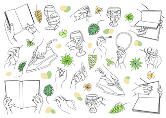 Fototapeta premium Collection. Silhouettes of a human hand that holds a book, iron, glass, lipstick, mirror, needle in a modern style in a solid line. Sketches, posters, stickers, logo. Set of vector illustrations.