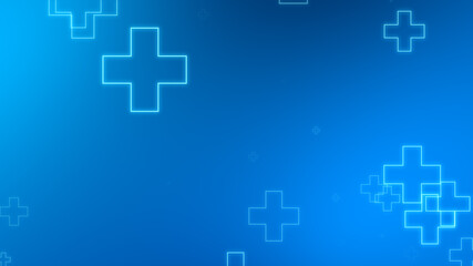 Medical health blue cross neon light shapes pattern background. Abstract healthcare technology and science concept.
