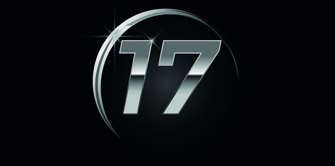 Chrome vector number 17. Logo for birthday, celebrations, dates with silver ring isolated on black background with silver light, vector design for celebration, invitation card and greeting card