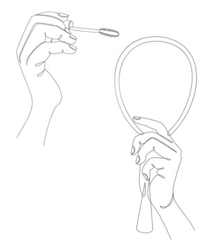 hands applying mascara, holding mirror, line art clip art preview