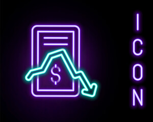 Glowing neon line Mobile stock trading concept icon isolated on black background. Online trading, stock market analysis, business and investment. Colorful outline concept. Vector