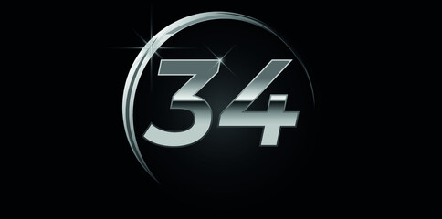 Chrome vector number 34. Logo for birthday, celebrations, dates with silver ring isolated on black background with silver light, vector design for celebration, invitation card and greeting card