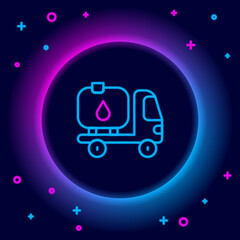 Glowing neon line Fuel tanker truck icon isolated on black background. Gasoline tanker. Colorful outline concept. Vector