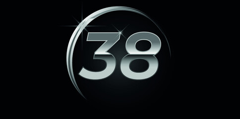 Chrome vector number 38. Logo for birthday, celebrations, dates with silver ring isolated on black background with silver light, vector design for celebration, invitation card and greeting card