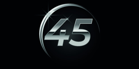 Chrome vector number 45. Logo for birthday, celebrations, dates with silver ring isolated on black background with silver light, vector design for celebration, invitation card and greeting card