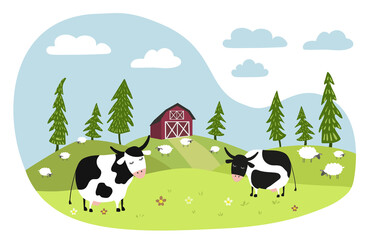 Black and white cows graze in a meadow. Sheep eat grass. Red farm in the background. Vector flat illustration.