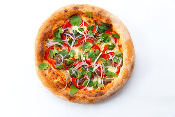 Pizza with meat, peppers and herbs.