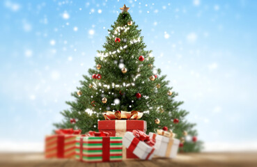Fototapeta na wymiar Christmas fir tree and presents. snowflakes christmas gifts and green decorated tree 3d-illustration