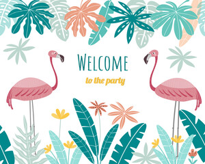 Cute pink flamingos with frame of tropical leaves. Flamingo isolated on a white background.