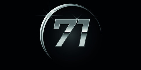 Chrome vector number 71. Logo for birthday, celebrations, dates with silver ring isolated on black background with silver light, vector design for celebration, invitation card and greeting card