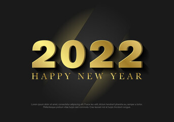 Happy New Year 2022 greeting card with gold text and numbers on black background. Vector illustration