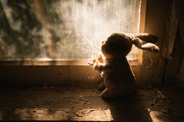 Stuffed Bunny toy silhouette in the light of a window at Kindergarten  - Kopachi Village, Chernobyl...
