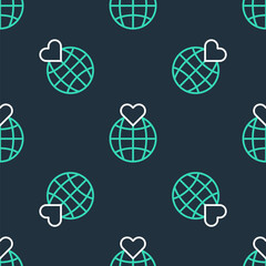 Line Human hand holding Earth globe icon isolated seamless pattern on black background. Save earth concept. Vector
