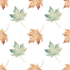 Watercolor autumn pattern with leaves. Hand drawn illustration