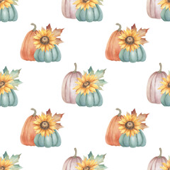 Seamless watercolor hand drawn pattern  ripe organic  pumpkins and sunflower. For halloween thanksgiving design, paper, textile, harvest celebration, autumn season, fall