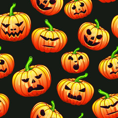 Beautiful seamless pattern with festive Halloween pumpkins. Jack orange lantern drawn with carved faces. For the design of a web banner, invitation, cover, packaging, gift. All Saints' Day. the icons