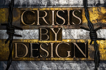 Crisis By Design text on textured grunge copper and vintage gold background