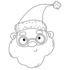 Portrait cute Santa Claus In glasses and hat. outline illustration. Vector christmas character for holiday decor and design, Print and greeting card