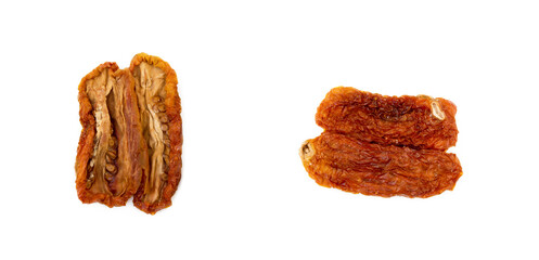 Dried red tomatoes isolated on white background