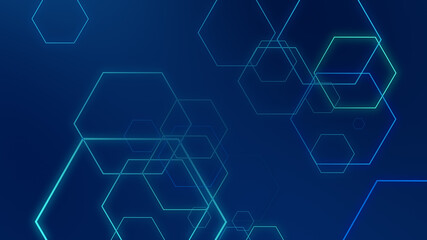 Abstract hexagon geometric blue neon lights technology dark background.