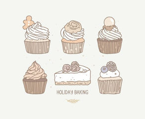 Vector hand-drawn illustrations. Outline drawing of confectionery. Cupcakes with cream, gingerbread, cinnamon bun, caramel candy, berries. Raspberries, blackberries, blueberries. Piece of Cheesecake