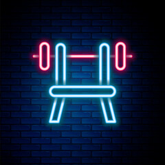 Glowing neon line Bench with barbell icon isolated on brick wall background. Gym equipment. Bodybuilding, powerlifting, fitness concept. Colorful outline concept. Vector
