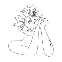 Woman face with flowers . Line art female hands with flowers . Abstract face with flowers  by one line vector drawing. Portrait minimalistic style. Botanical print. Nature symbol of cosmetics.