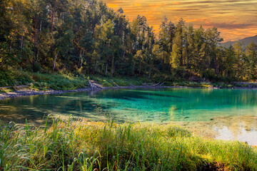 Fototapeta na wymiar Altai Mountains, Katun River, View Of The Turquoise River Katun And Altai Mountains, Autumn Season, blue lakes on the Katun river