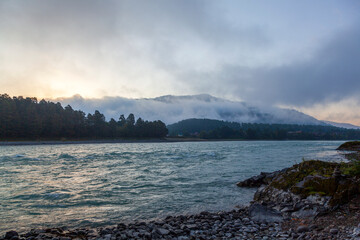 Altai Mountains, Katun River, View Of The Turquoise River Katun And Altai Mountains, Autumn Season