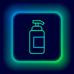 Glowing neon line Bottle of liquid antibacterial soap with dispenser icon isolated on black background. Antiseptic. Disinfection, hygiene, skin care. Colorful outline concept. Vector