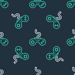Line Gamepad icon isolated seamless pattern on black background. Game controller. Vector