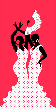 Vector illustration of two Spanish women dancing flamenco.